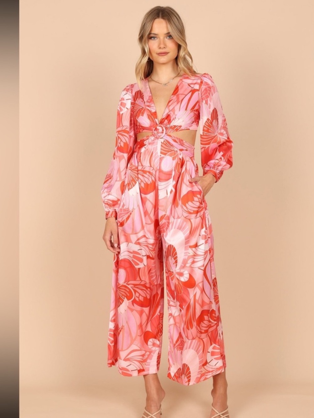 Petal & Pup Angela Retro Cutout Groovy Pink Floral Wide-Leg Jumpsuit XS 70’s